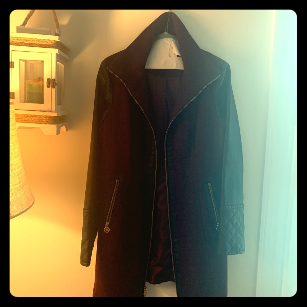 Burgundy and black peacoat